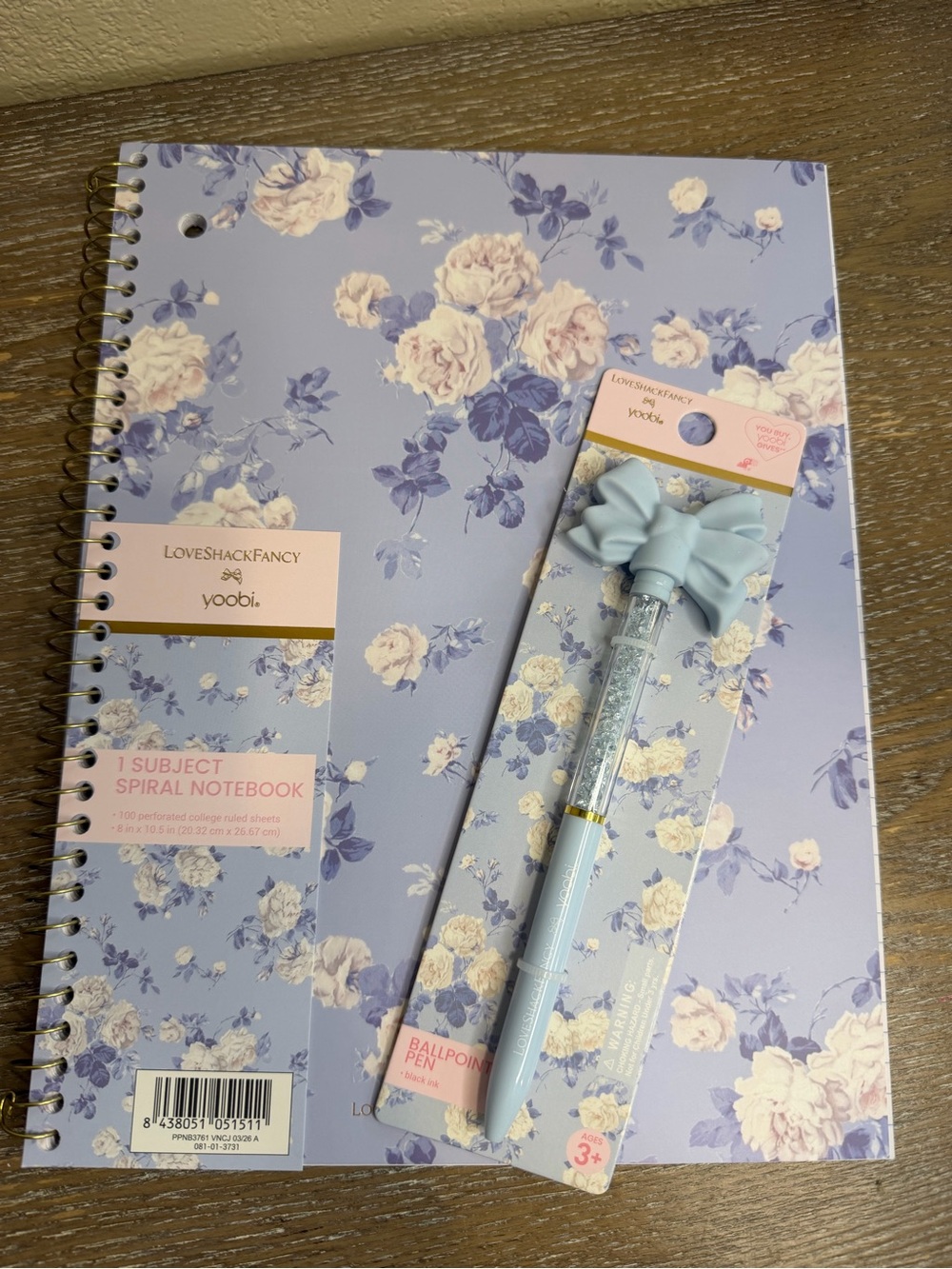 LoveShackFancy Pink Floral Spiral Notebook and Bow Pen.